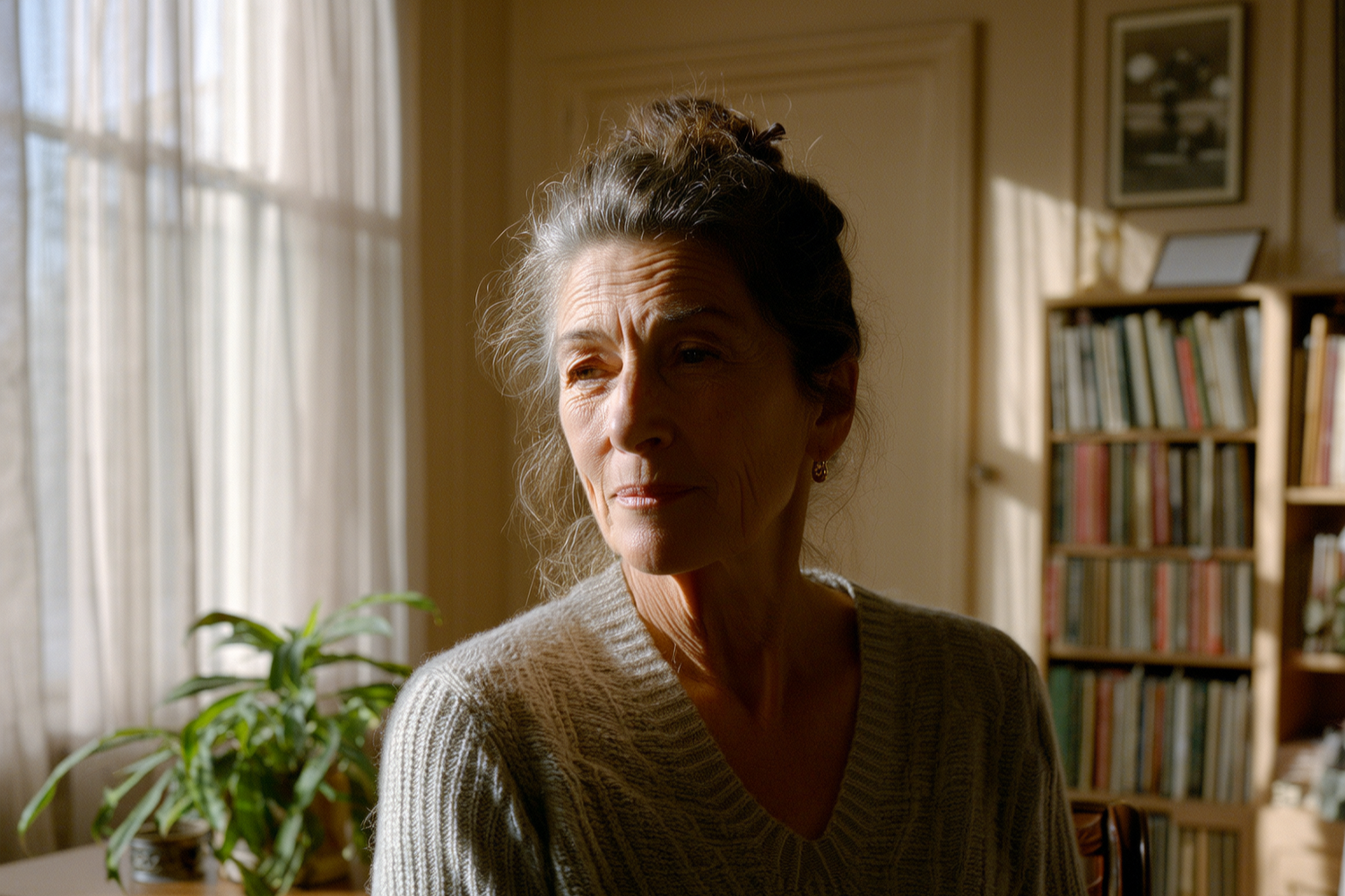 Woman sitting in a room with natural light streaming through a window, surrounded by books and plants.